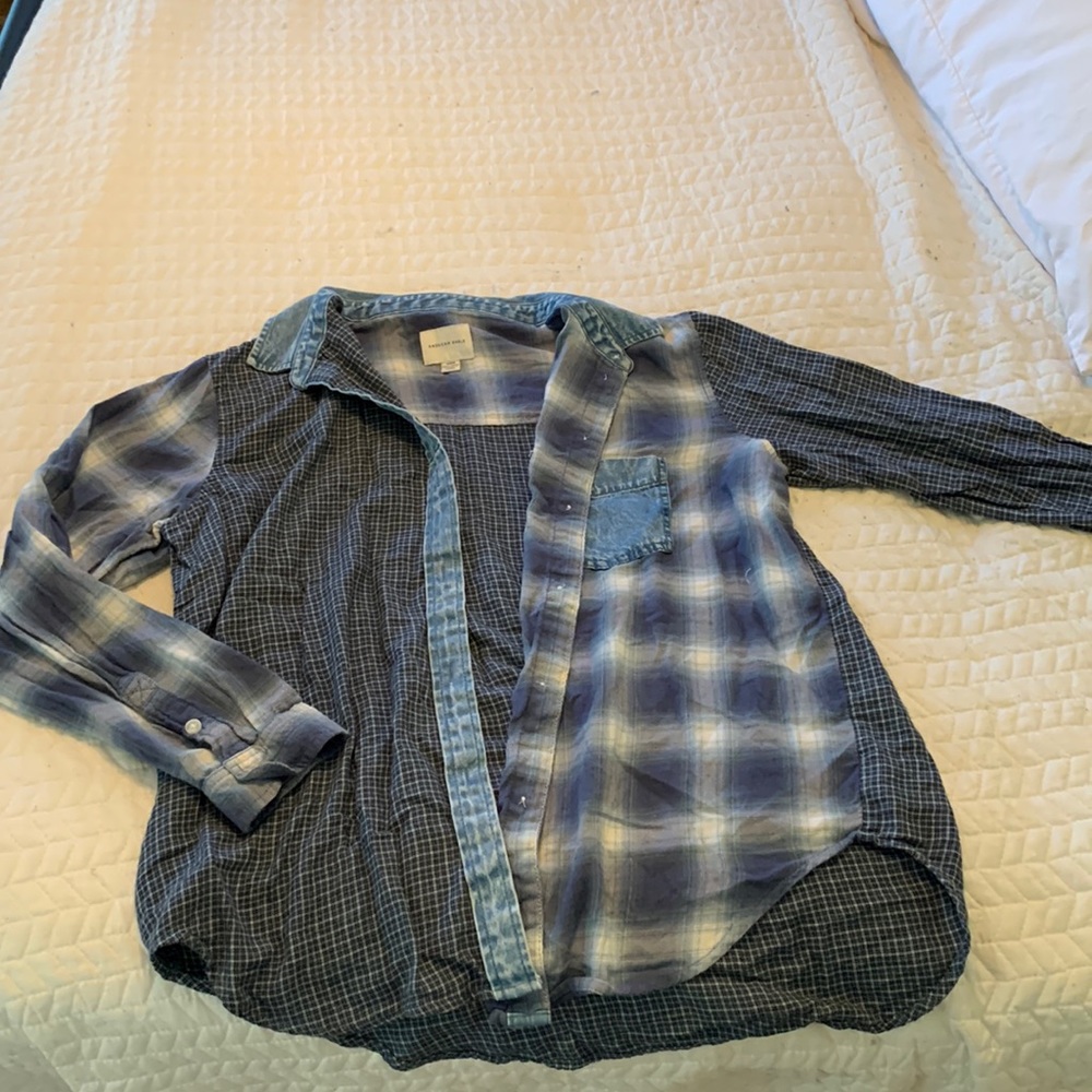 Blue, Multi-pattern, American Eagle Plaid Button-up